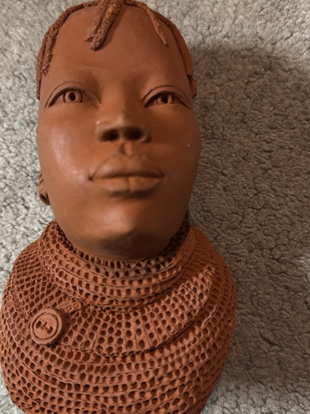 hand-carved Turkana Girl in Kenya  terracotta clay bust  signed